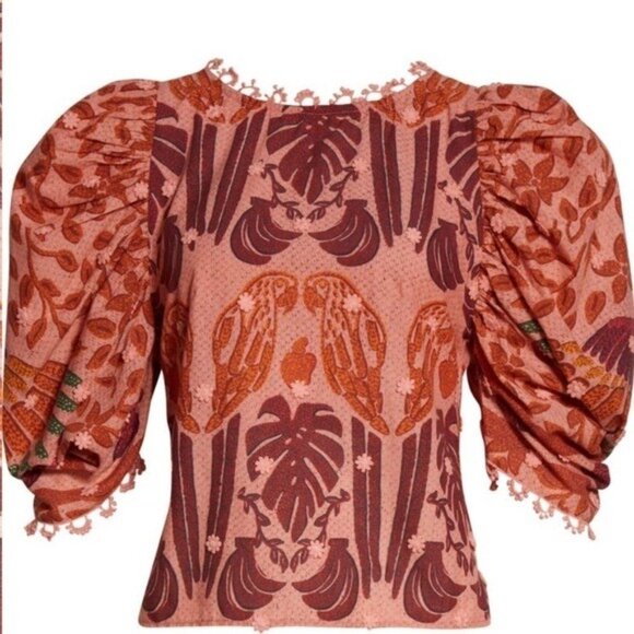 FARM Rio “Ainika Macaws” Puff-Sleeve Cotton Blouse • Size XL • Tropical Print - Picture 5 of 16